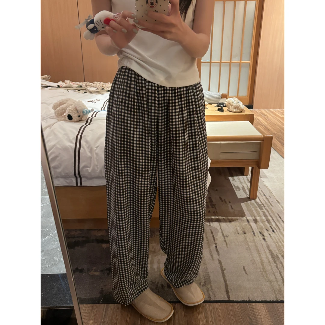 J-遛弯裤#（两条装）松紧腰宽松遛弯裤格子家居睡裤可外穿