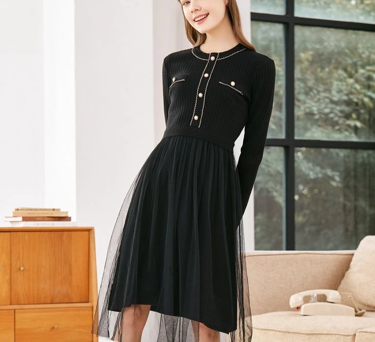 K202针织连衣裙女小香风拼接网纱收腰小黑裙2025年冬季新款