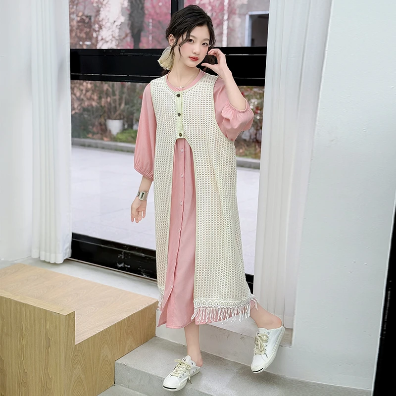 【嘻嘻柚】女童蕾丝流苏针织连衣裙夏季新款开叉镂空罩衫长裙两件套