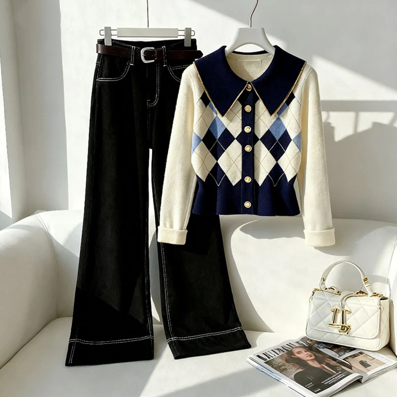 韩系chic别致蓝白撞色菱格针织衫女秋季新款高腰直筒休闲裤子套装