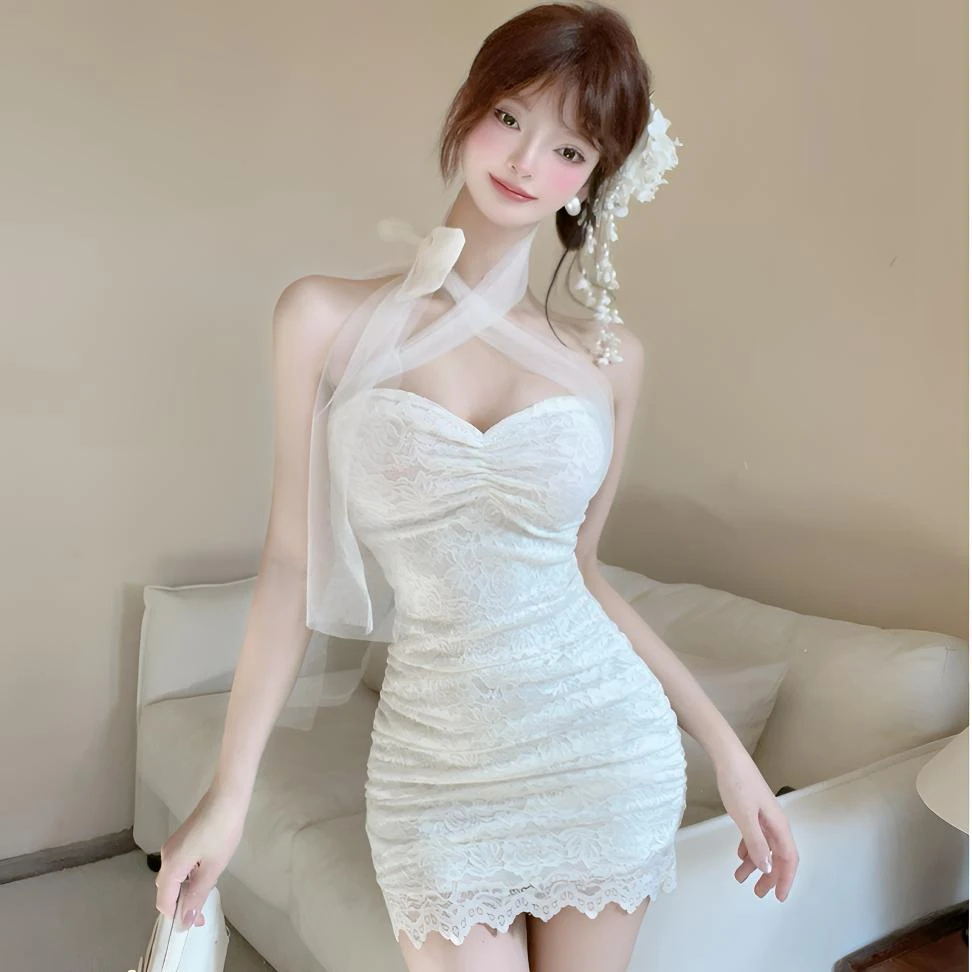 性感网纱低胸拼接纯欲名媛气质蕾丝包臀短裙绑带收腰褶皱连衣裙