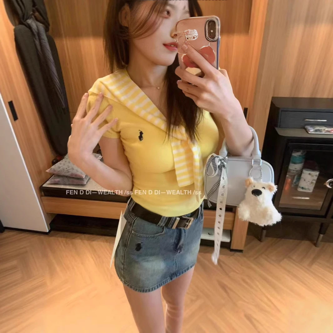 正肩白色短袖t恤女夏季条纹修身短款V领显瘦黄色上衣灰色针织衫