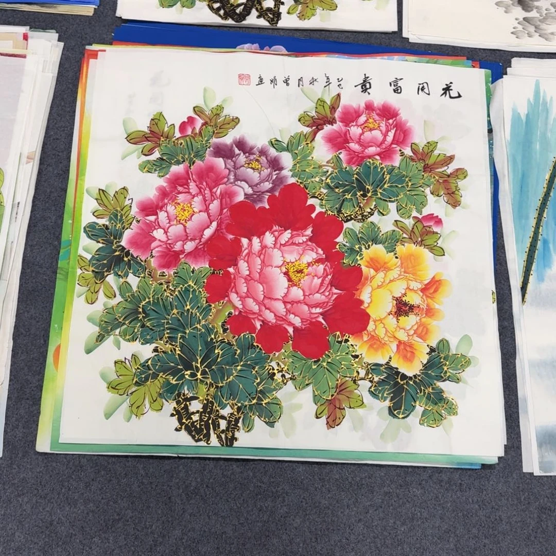 国画68×68千层金线牡丹画画