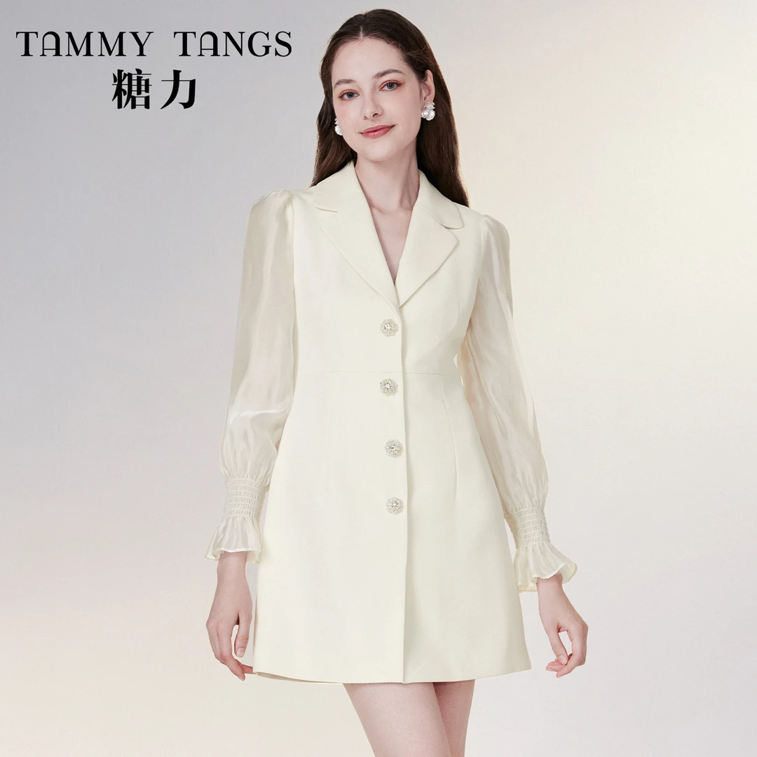【丽公主】糖力名媛千金纱质长袖水晶钻扣西装连衣裙TWRCQ51257