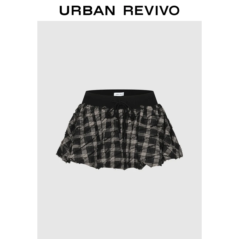 UR2026春季新款女装休闲松紧腰抽绳毛边A字半裙UYV550048