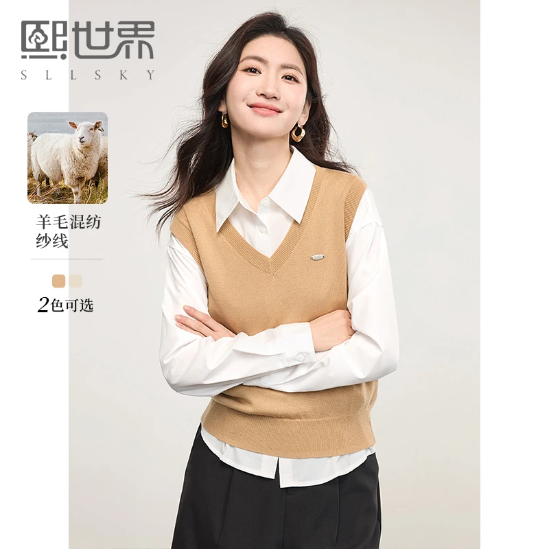 1B1SI011熙世界羊毛混纺针织马甲复古学院叠穿V领背心上衣