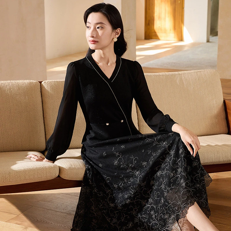 【婷婷专属】宴会小黑裙绣花假两件拼接优雅裙连衣裙女新中式