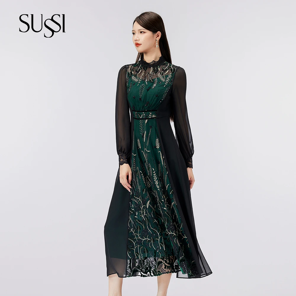 SUSSI/古色“墨翠麦穗”青衣黑复古淑女刺绣收腰连衣裙女装