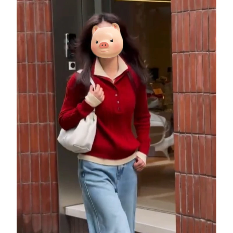 巨好看的撞色假两件翻领毛衣女秋冬慵懒风针织衫独特漂亮早秋上衣