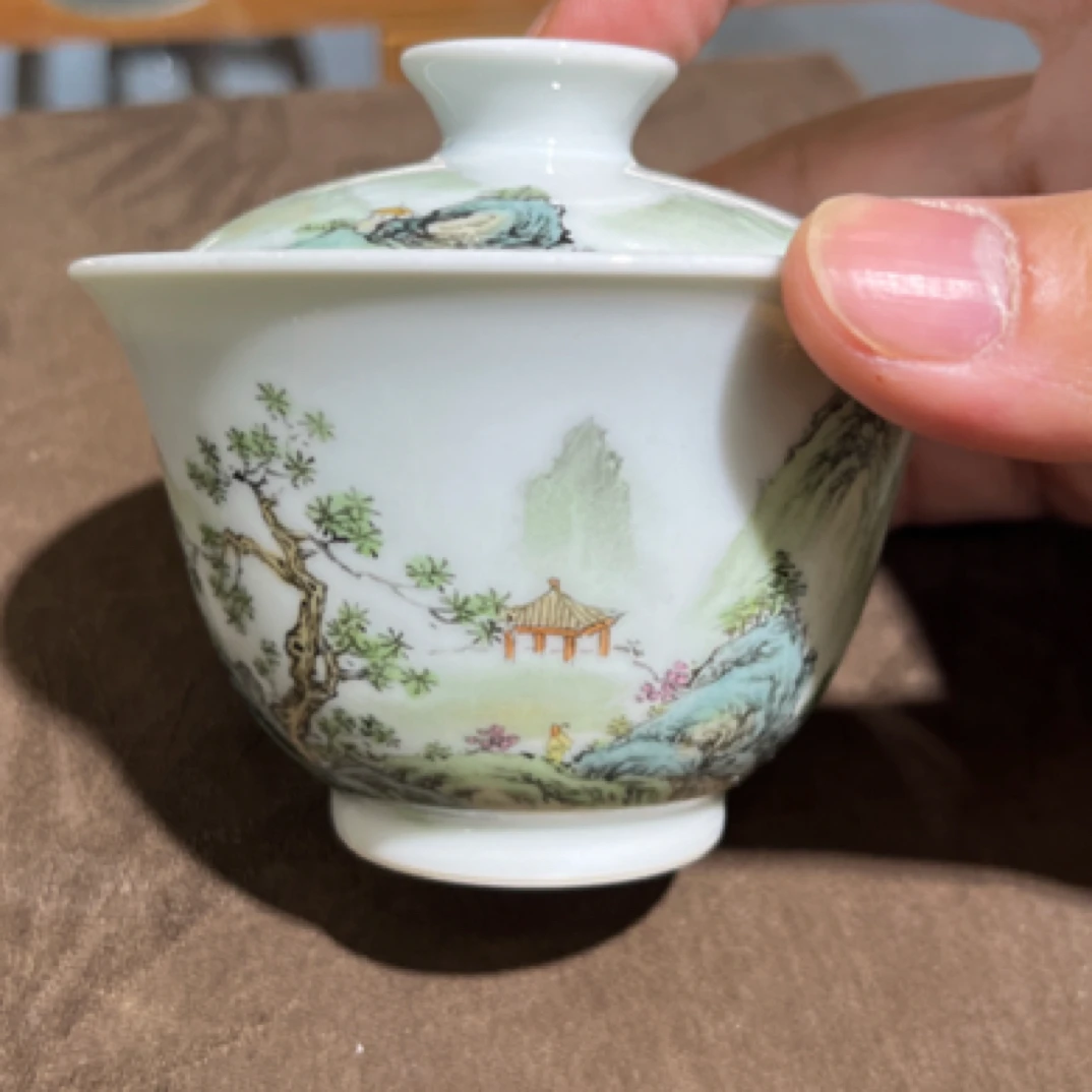 熙工坊 陶瓷手绘二才盖碗 粉彩山水 全手工 景德镇高温瓷