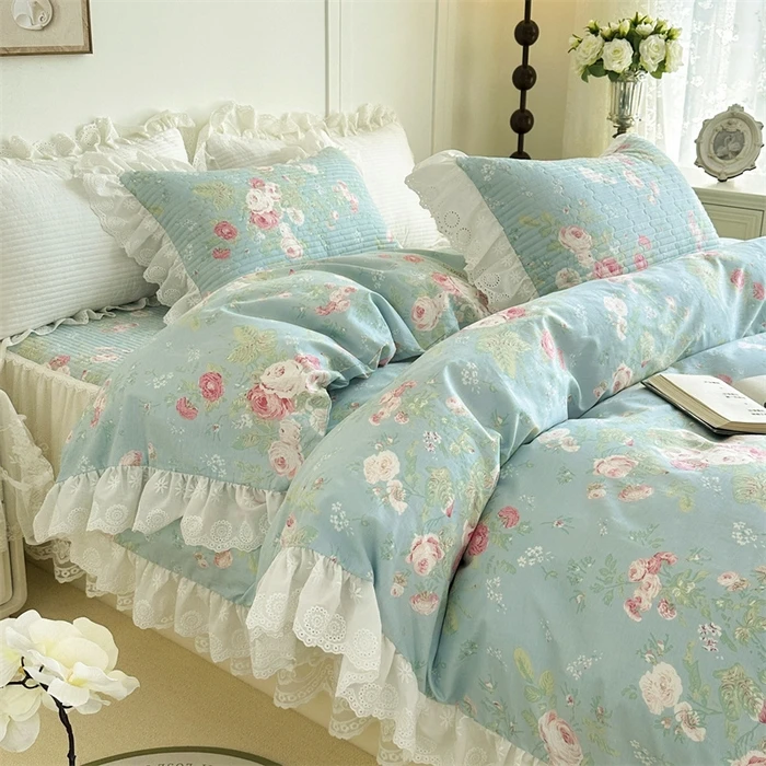 法式床裙款加厚全棉100棉套件少女风花边公主风韩式防滑韩版绗缝
