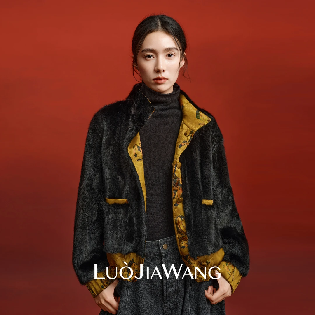 水貂毛皮桑蚕丝两面穿外套中式立领短款女LUOJIAWANG【骏启新岁】