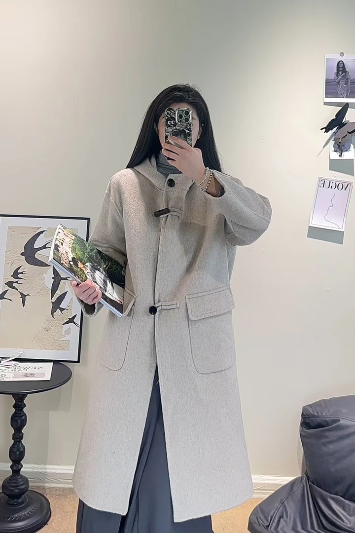 韩系新款牛角扣双面羊毛大衣女中长款宽松羊毛呢外套女