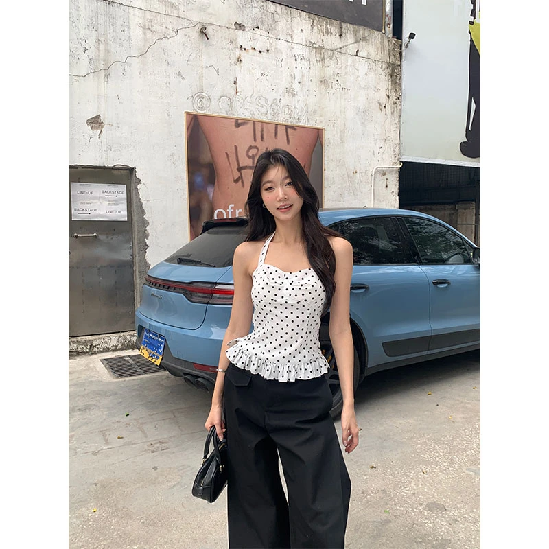 withmin凉皮 南法庄园 复古挂脖显瘦波点花边吊带背心上衣2522424