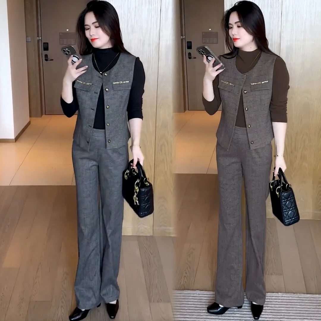 时尚休闲套装女2025秋季新款洋气咖色马甲长袖打底衫阔腿裤三件套