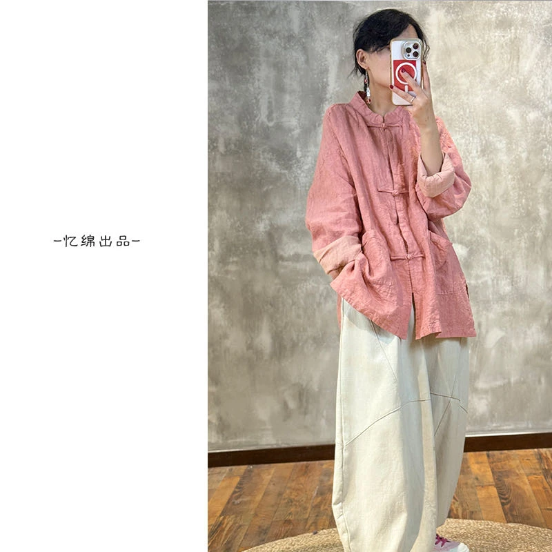 忆绵出品29356亚麻中式双层小立领手工盘扣宽松显瘦上衣