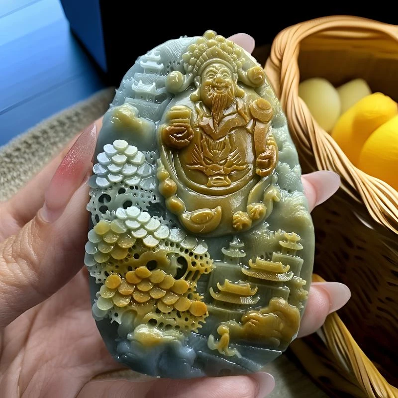 翡翠黄翡镂空山水财神毛货抛光3天 尺寸74*47*10mm