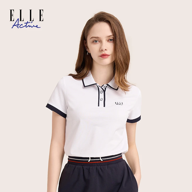 ELLE Active 女装休闲户外运动翻领POLO撞色短袖T恤夏季百搭上衣