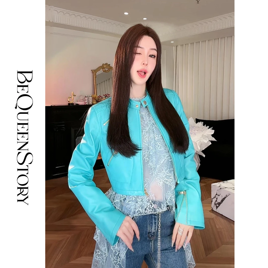 BeQueenStory【蓝桥孔雀】2025新款高级感绵羊皮立领短款皮衣外套