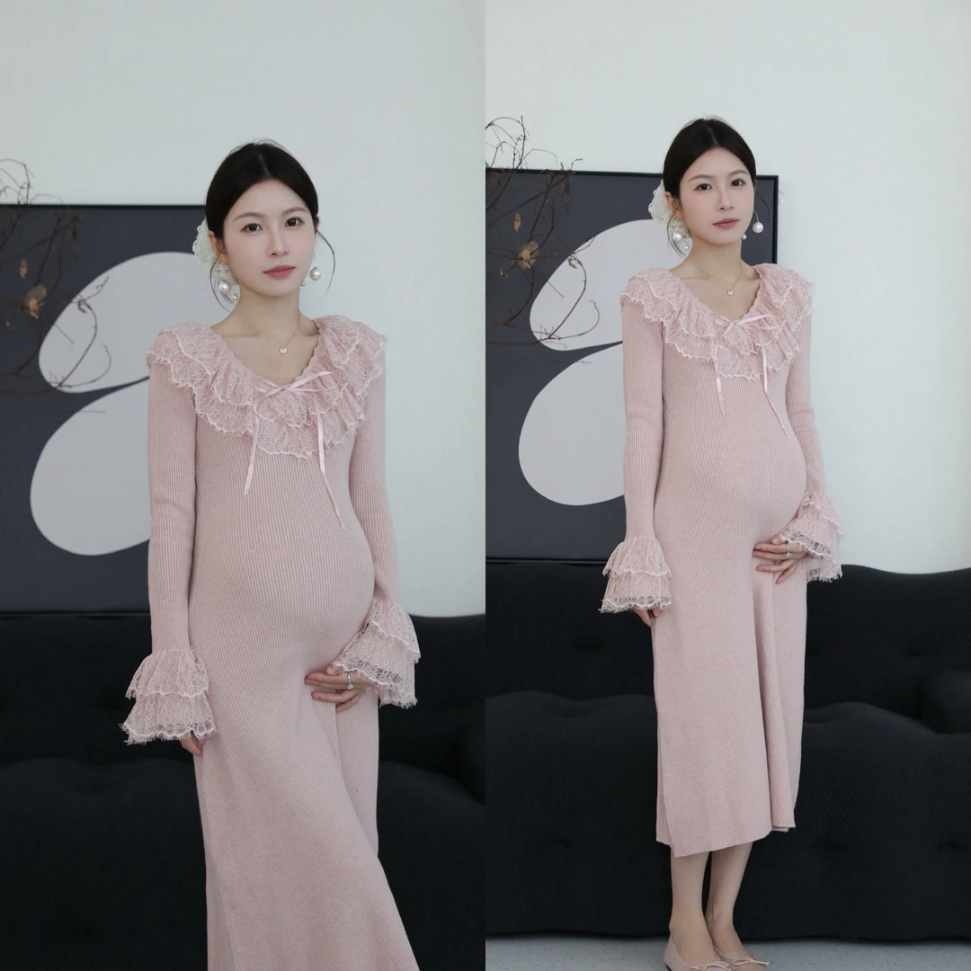senenmu 【桃桃有约】蕾丝拼接气质女人连衣裙孕妇装针织秋冬打底裙