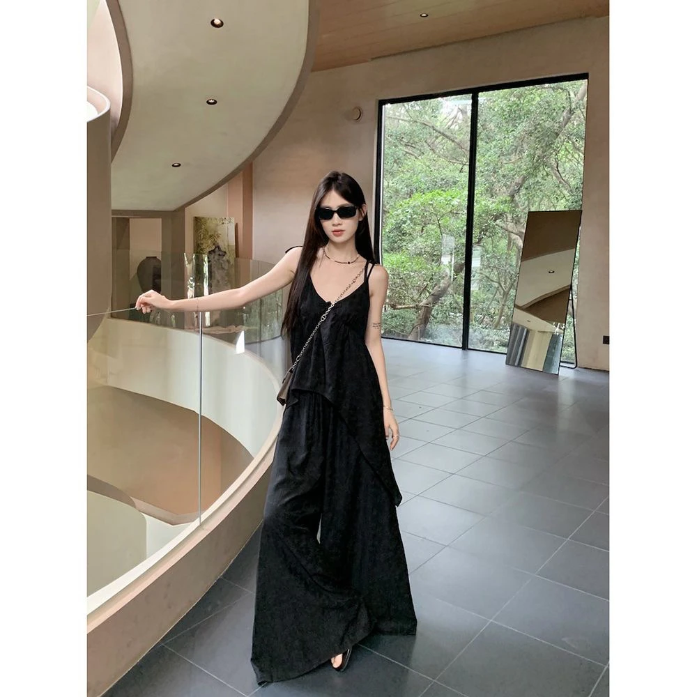 2025年夏季新款中式印花吊带衬衫休闲裤法式温柔清冷感气质套装女