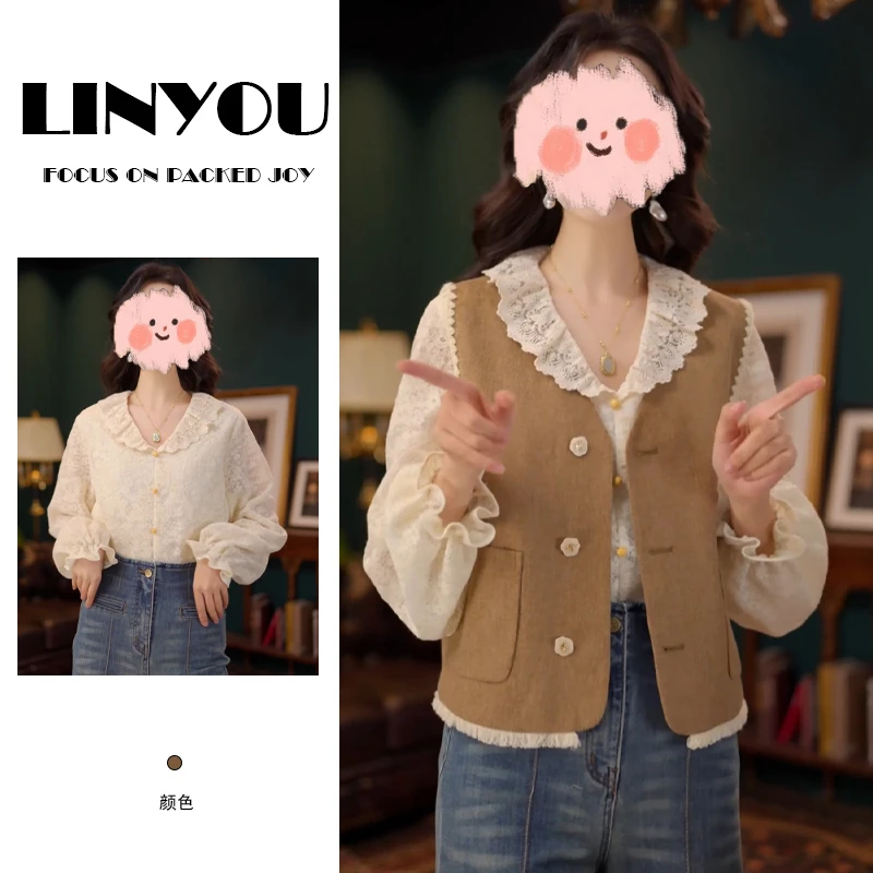 2025年早秋新款法式复古翻领长袖衬衫配港风纯色无袖马甲两件套潮