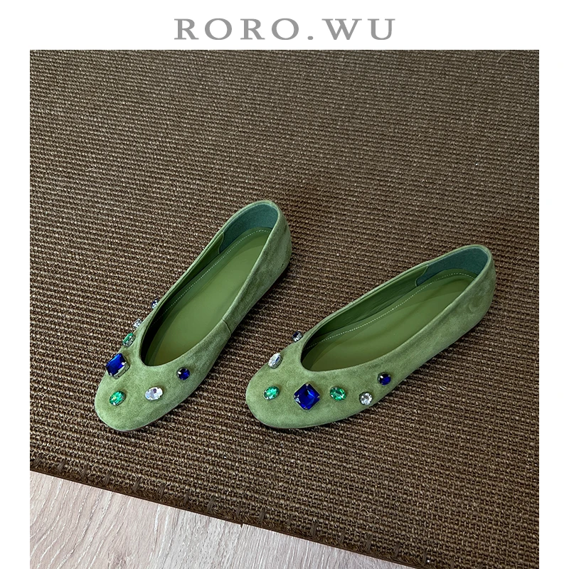 软羊皮水钻浅口一脚蹬纯色时尚休闲百搭通勤绿色单鞋女平底鞋D817