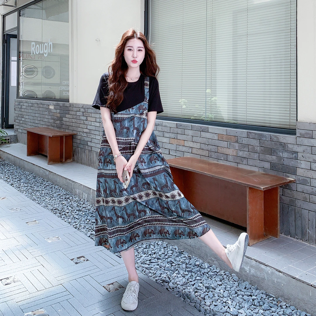 韩系假两件波西米亚风设计感连衣裙女2025夏季新款显瘦气质T恤裙