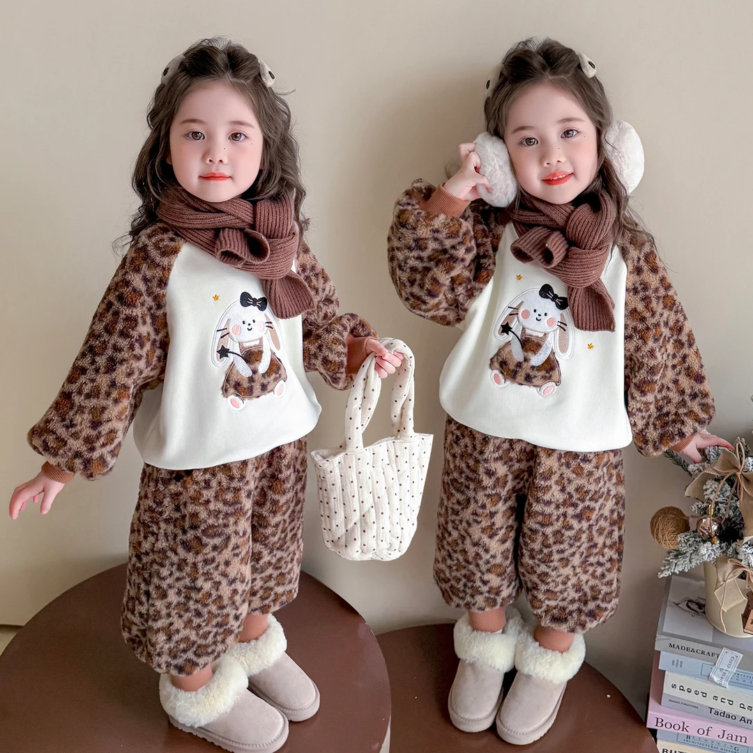 女童加绒套装秋冬装2025新款儿童韩版豹纹女宝宝冬季卫衣两件套