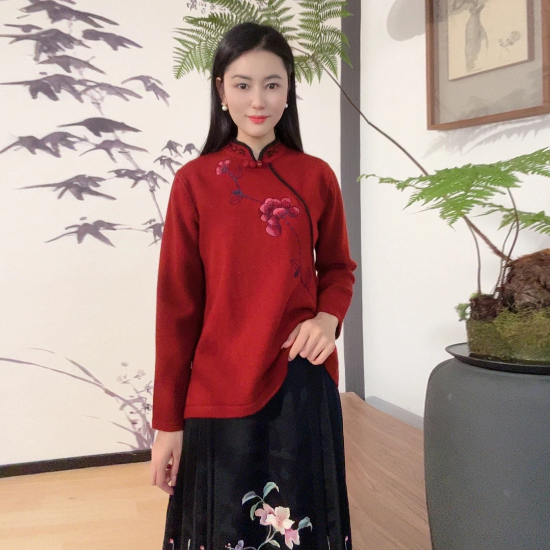 中国风秋冬上衣气质百搭舒适女士立领长袖针织毛衫上衣WG1109135