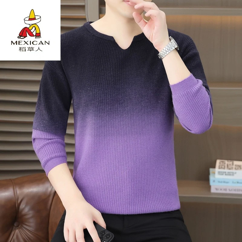 稻草人v领渐变色针织衫男2025新款好看毛衣秋冬款长袖打底衫男薄