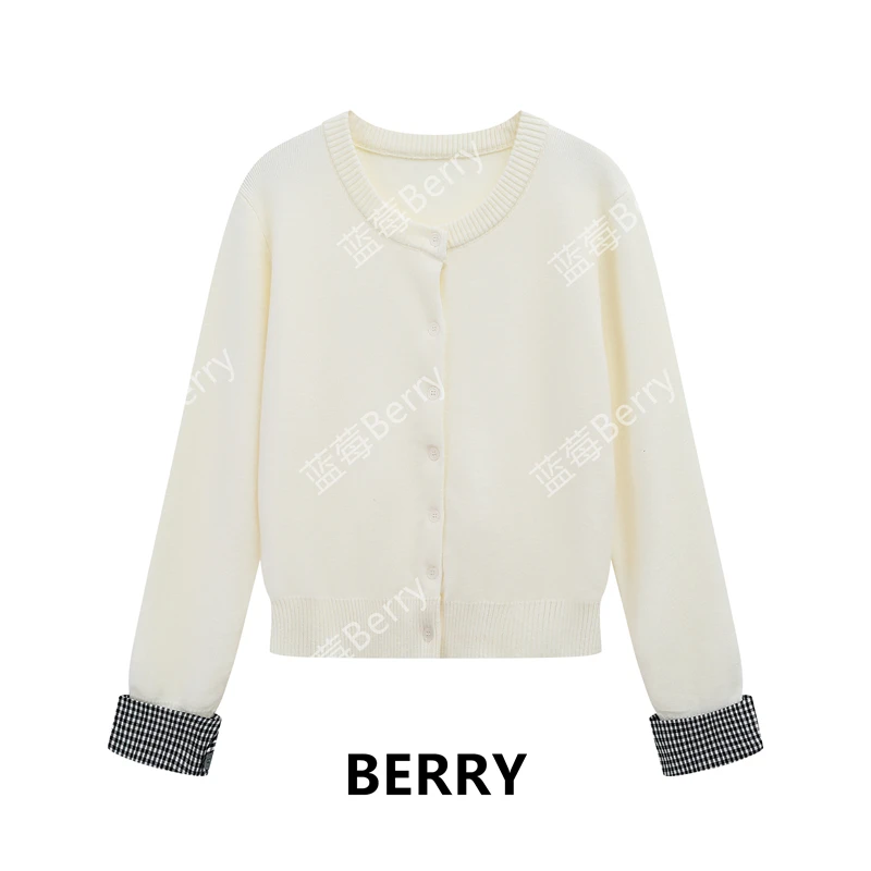 【蓝莓Berry】格子拼接毛衣外套女秋冬慵懒风针织上衣软糯糯