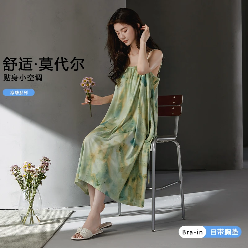 氧时间带胸垫睡裙女夏季莫代尔吊带性感薄款连衣裙轻奢2025家居服