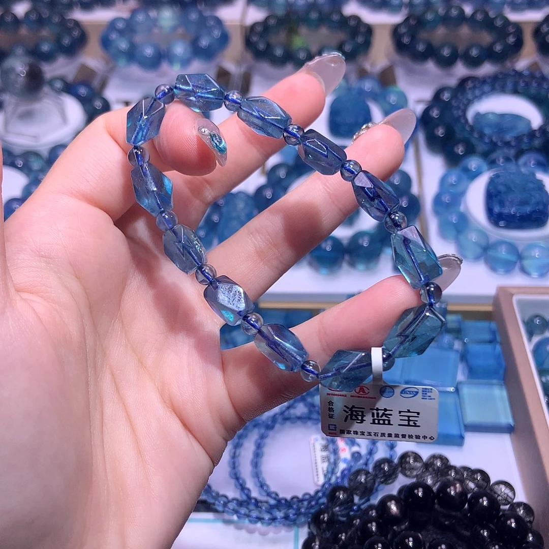 天然辰砂魔鬼蓝海蓝宝随型手串7mm+