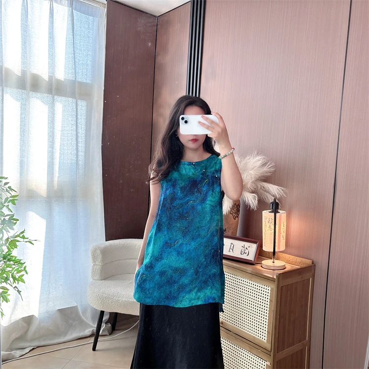 【蓝海星辰】香云纱100桑蚕丝新款新中式圆领奥黛马甲上衣