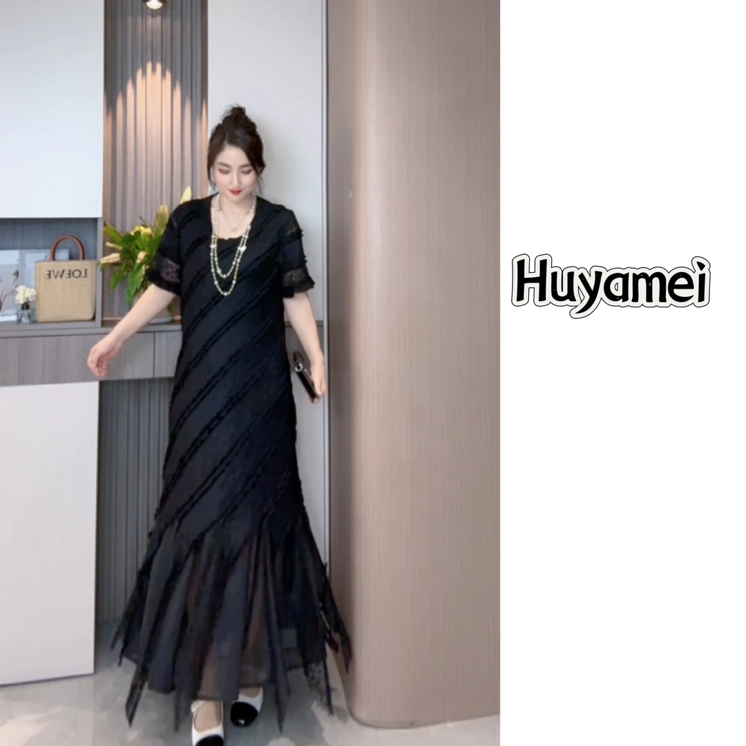 大码女装镂空蕾丝连衣裙鱼尾设计遮肉显瘦度假风夏季内搭