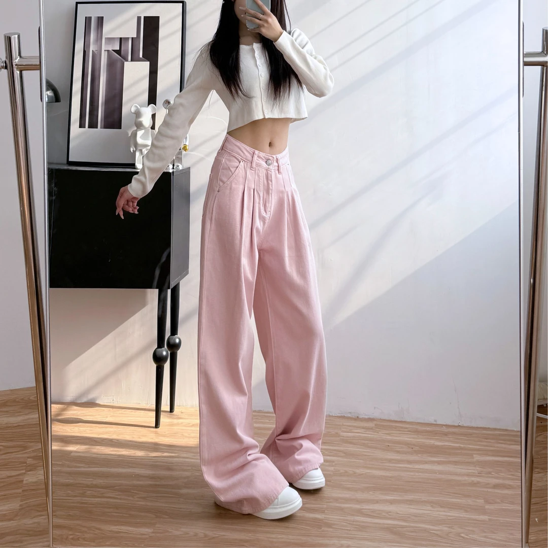 2025新款粉色高腰直筒褶皱牛仔裤女显高显瘦宽松拖地阔腿裤8355
