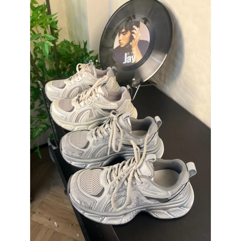 厚底时尚水泥灰老爹鞋女鞋新款运动休闲鞋增高系带真皮跑步鞋5501
