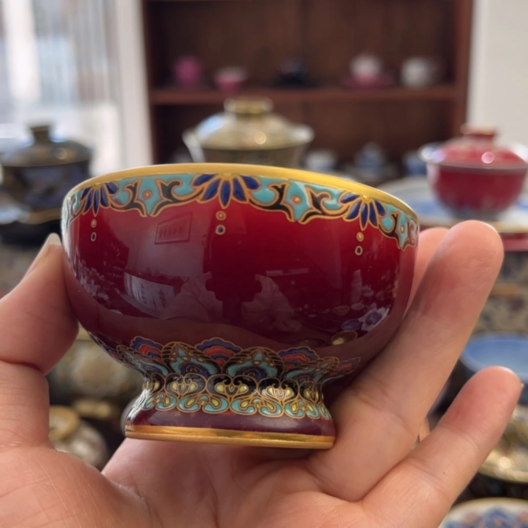 全手工全手绘朗红珐琅彩高脚杯