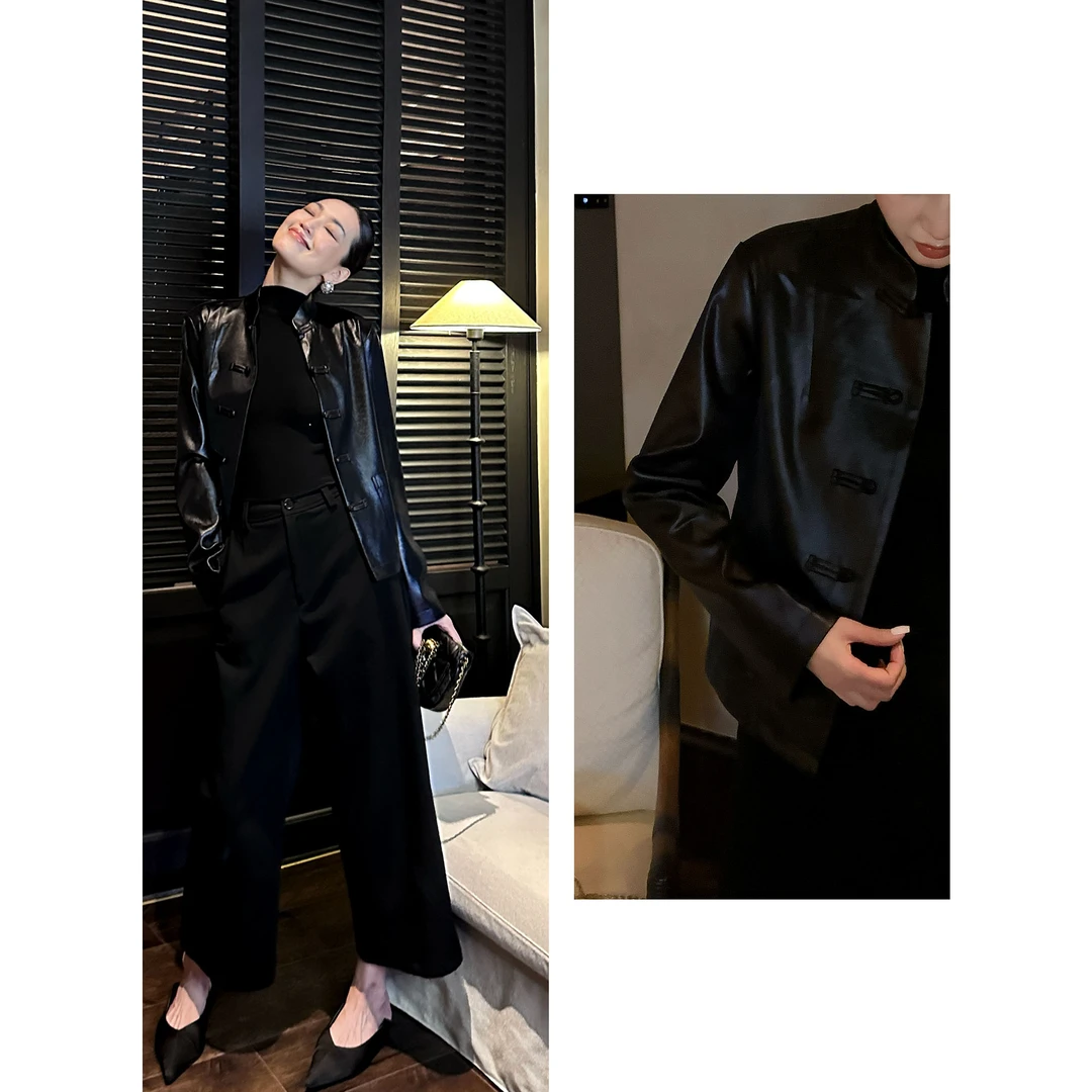 紫紫 盘扣外套 仿皮缎手工盘扣立领外套ZD08WZYL614