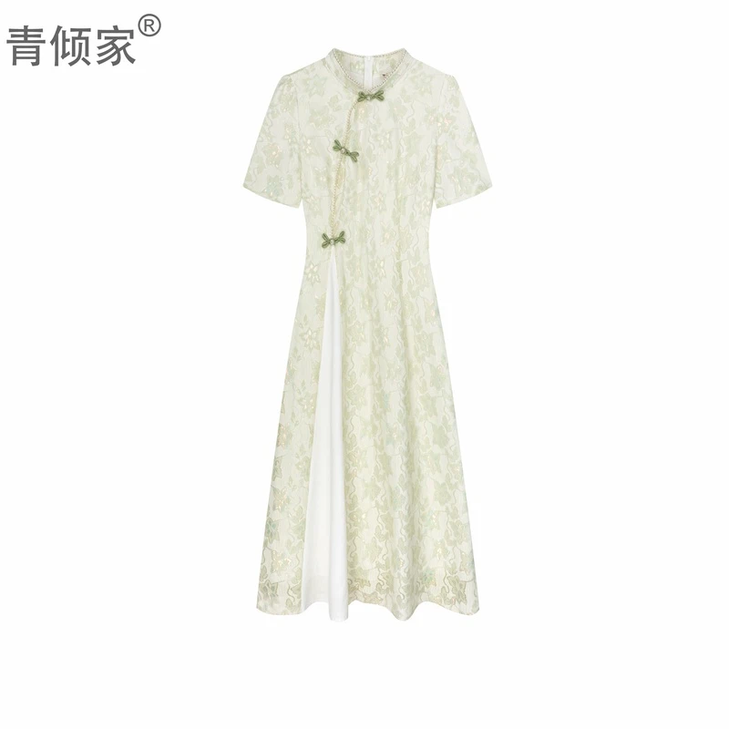 青倾家【青山烟雨】夏季新中式改良减龄款连衣裙绿色旗袍