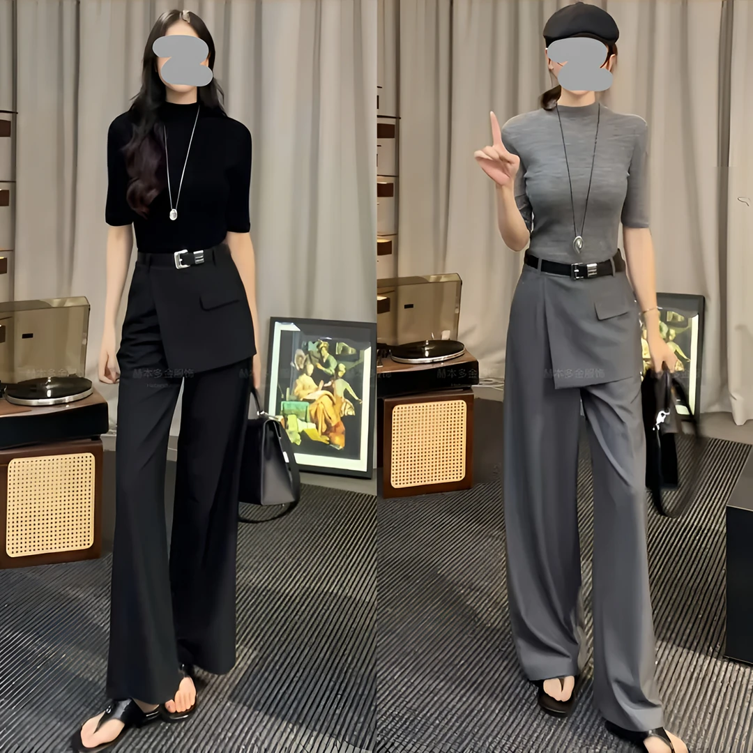 酷飒风女装高级感2025秋季半高领中袖针织衫显瘦设计感西装裤套装