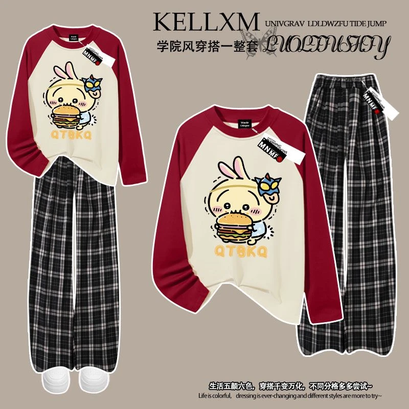 2025新款男女童春秋季套装插肩长袖T恤格子裤洋气卡通乌萨奇印花