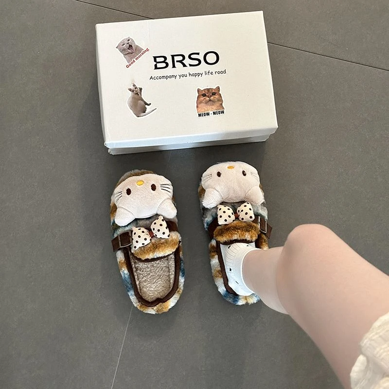 时尚拼色皮带扣卡通休闲毛毛拖鞋女2025冬新款外穿加绒棉鞋拖鞋