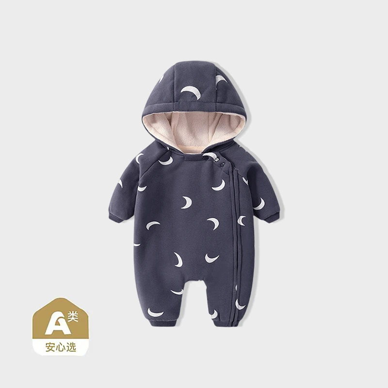 婴儿连体服冬季男女宝宝外出印花卡通加绒加厚连帽卫衣哈衣棉服