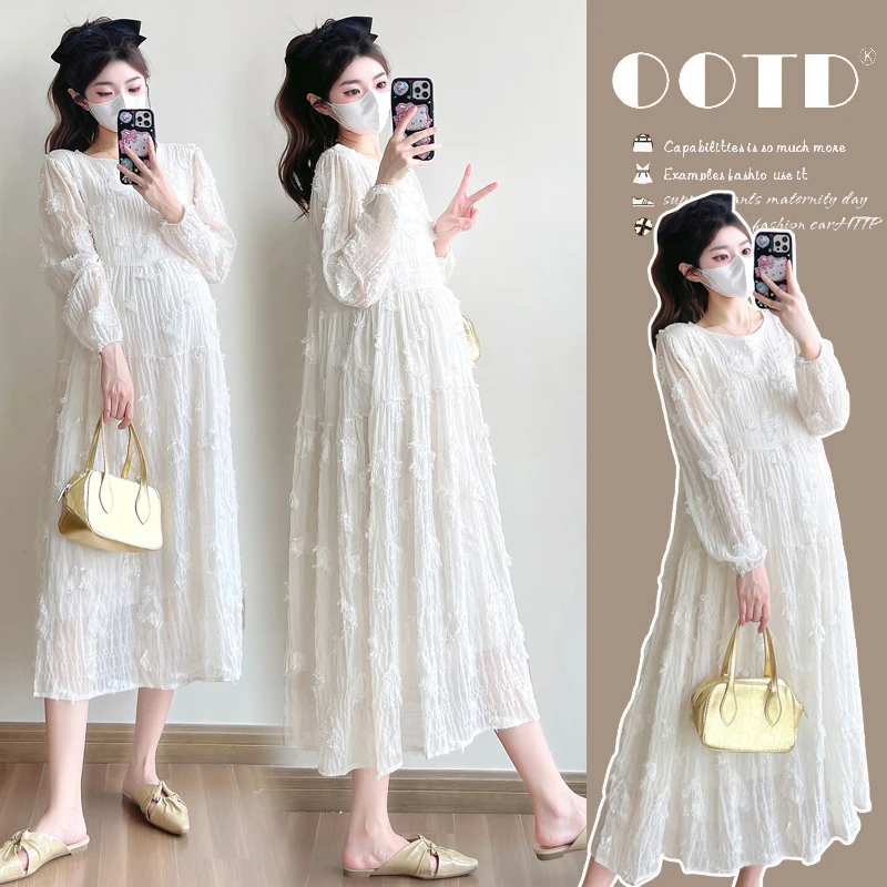 简约孕妇装春季麻纱钩花刺绣中长款简约宽松气质连衣裙
