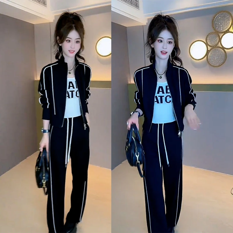 2025秋季新款设计感运动风长袖外套女搭配百搭休闲阔腿裤两件套装