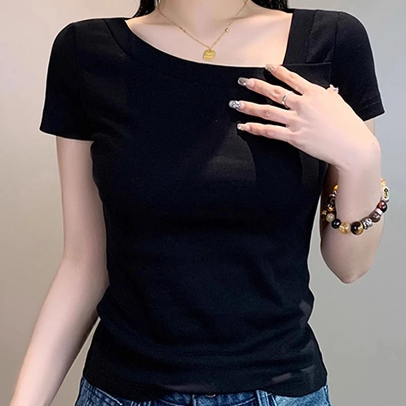 V领不规则黑色纯棉短袖t恤女2025新款爆款夏季设计感修身露锁骨
