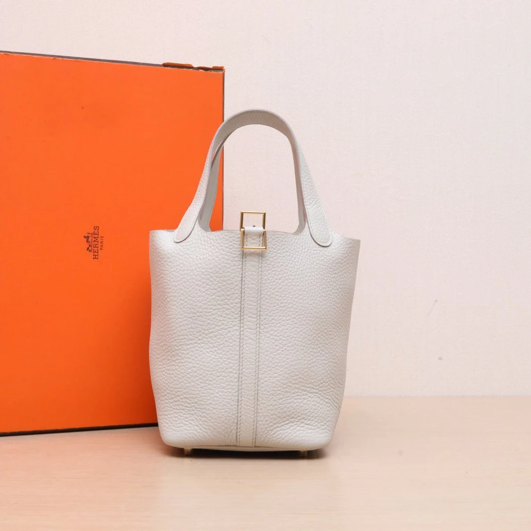 99新 Hermes/爱马仕 小花6枫 菜篮子 18 冰川白 TC皮 B刻 金扣