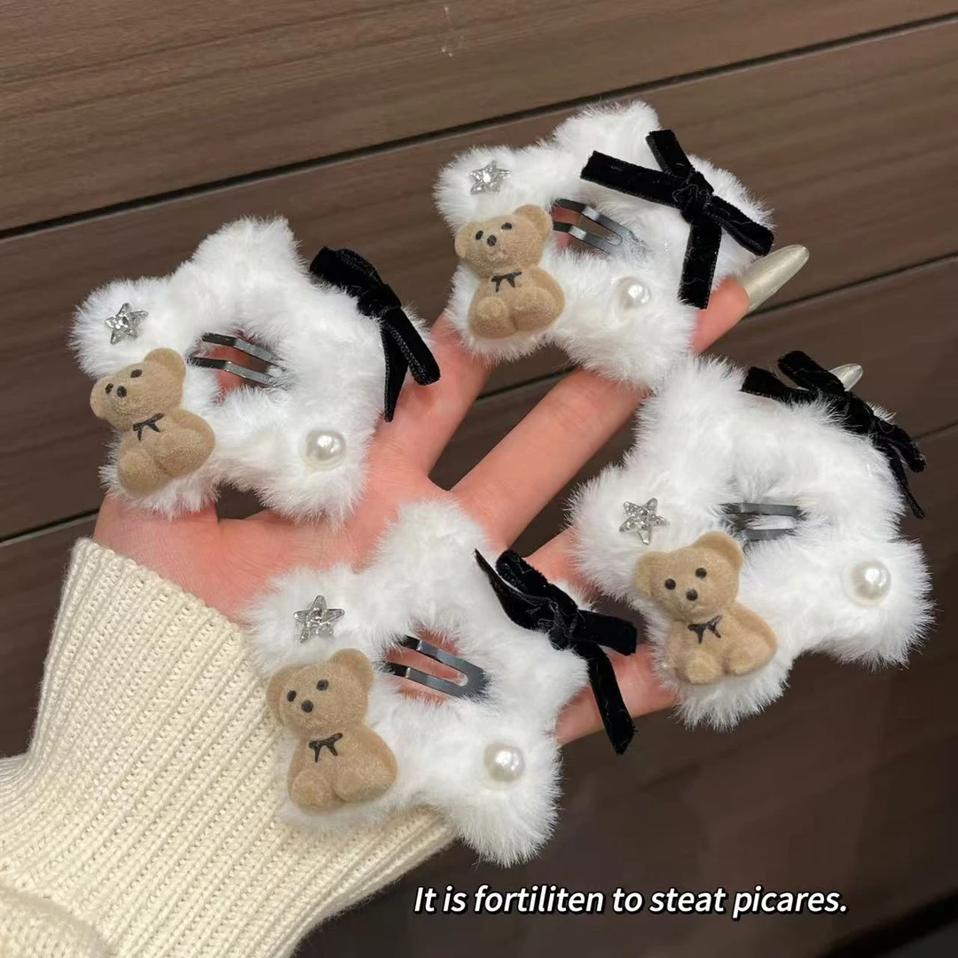 韩系千金感毛绒碎钻小熊蝴蝶结掰掰夹侧边夹刘海夹发卡发饰bb夹